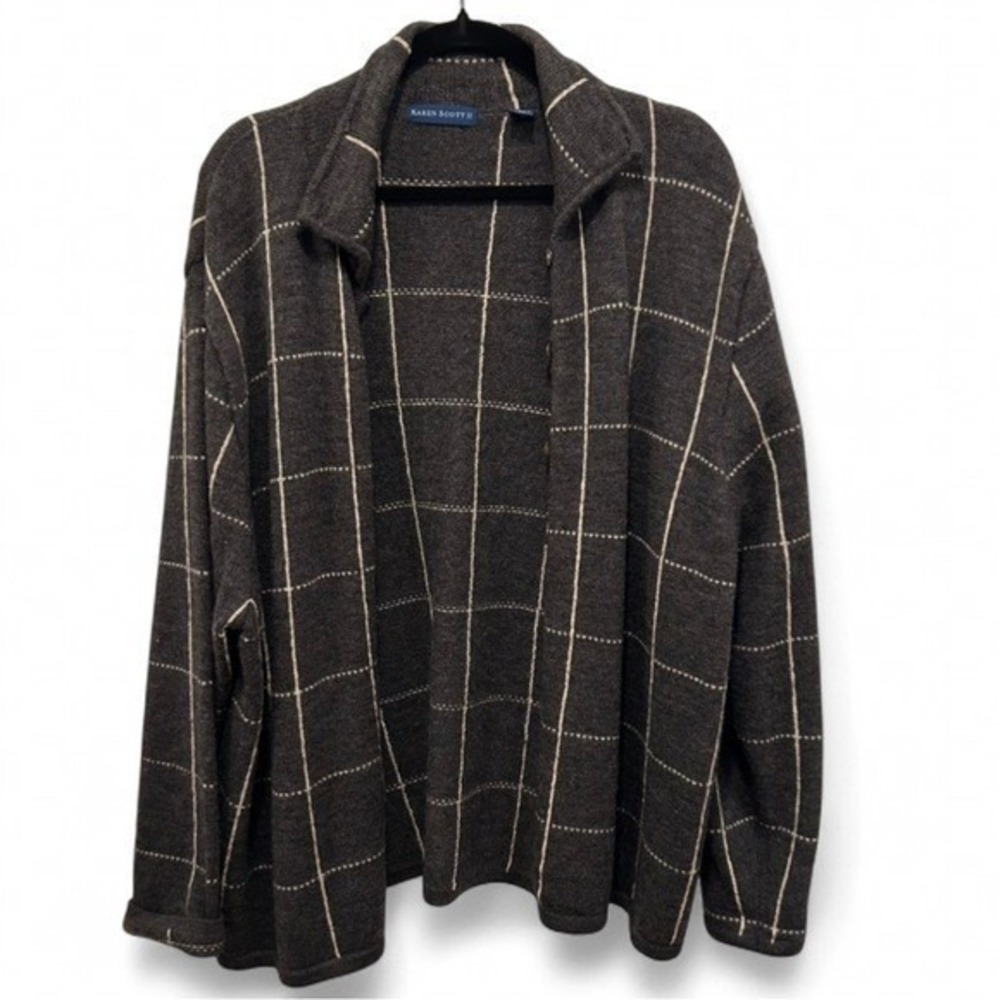 Karen Scott II Vintage 100% Wool Cardigan 2X Gray 90s Windowpane Grandpa Slouchy